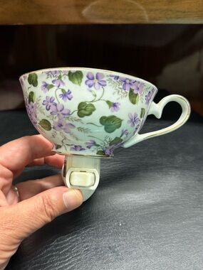 Teacup Night Light purple floral gold trim